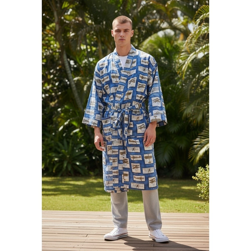 Reyn Spooner Mens Blue Egyptian Cotton Vintage Airplane Print Kimono Robe L/XL